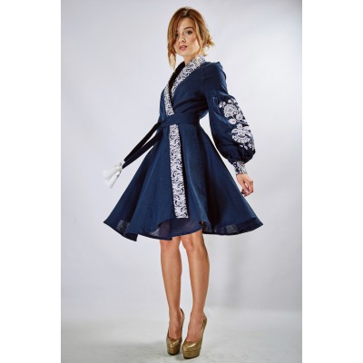 Embroidered Wrap Around Dress "Firebird" Navy